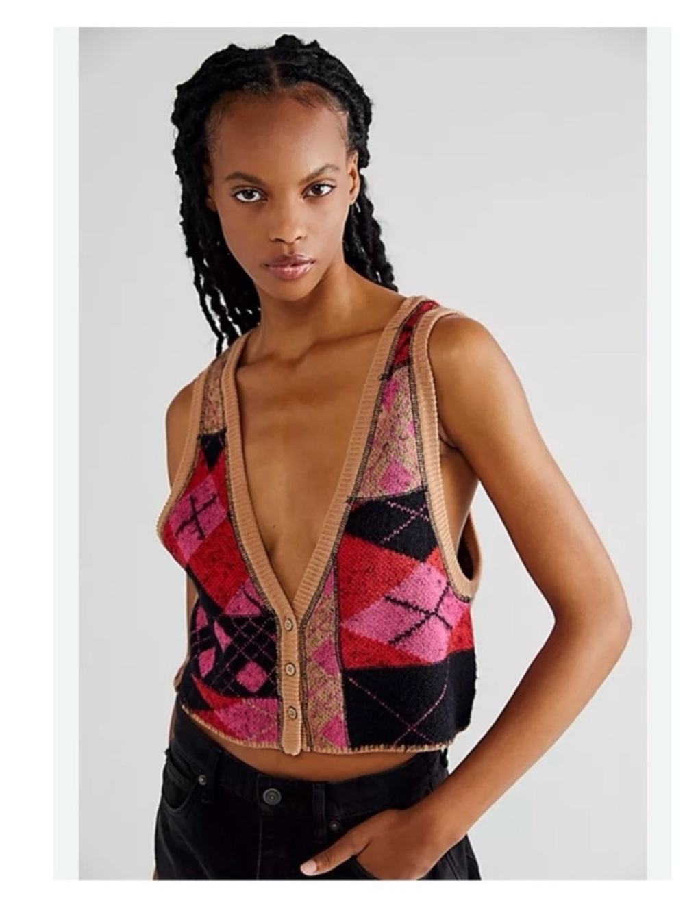 Free People 💕 Cropped Argyle Button-Front Knit Vest - Pink & Red